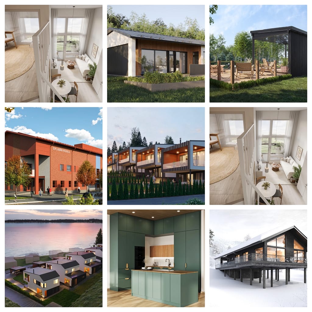 3D modeling in Visu24's customer projects – Examples of visualizations produced for use by construction companies and developers.