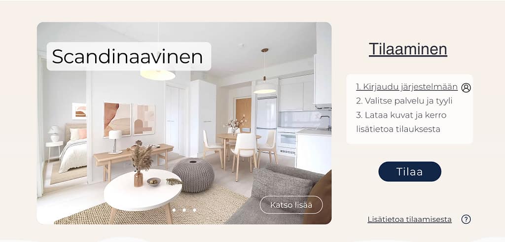 Bevir digistailauksen tilaaminen verkossa – valitse virtuaalisisustus, tyyli ja lataa stailattavat asuntokuvat