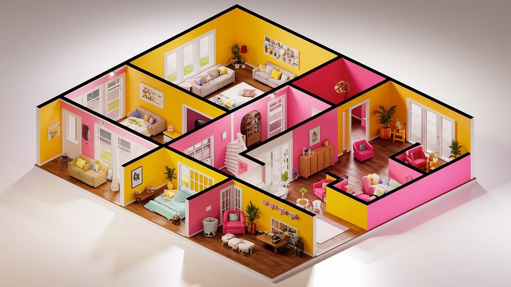 Visu24 - Realistic 3D floor plan with furniture and detailed textures, showing the apartment layout from above