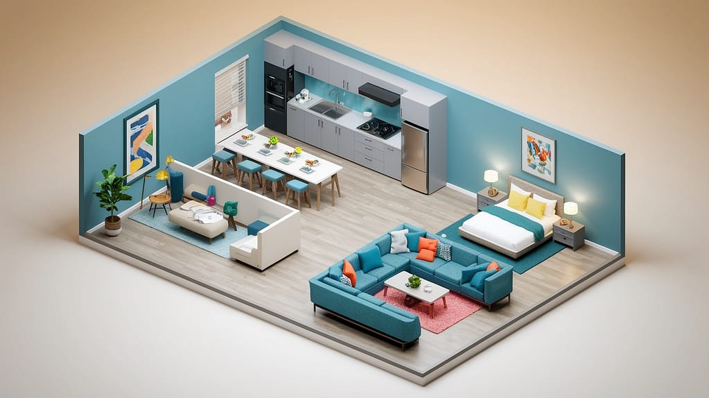 Visu24 - Visu24 - Realistic 3D floor plan with furniture and detailed textures, showing the apartment layout from above