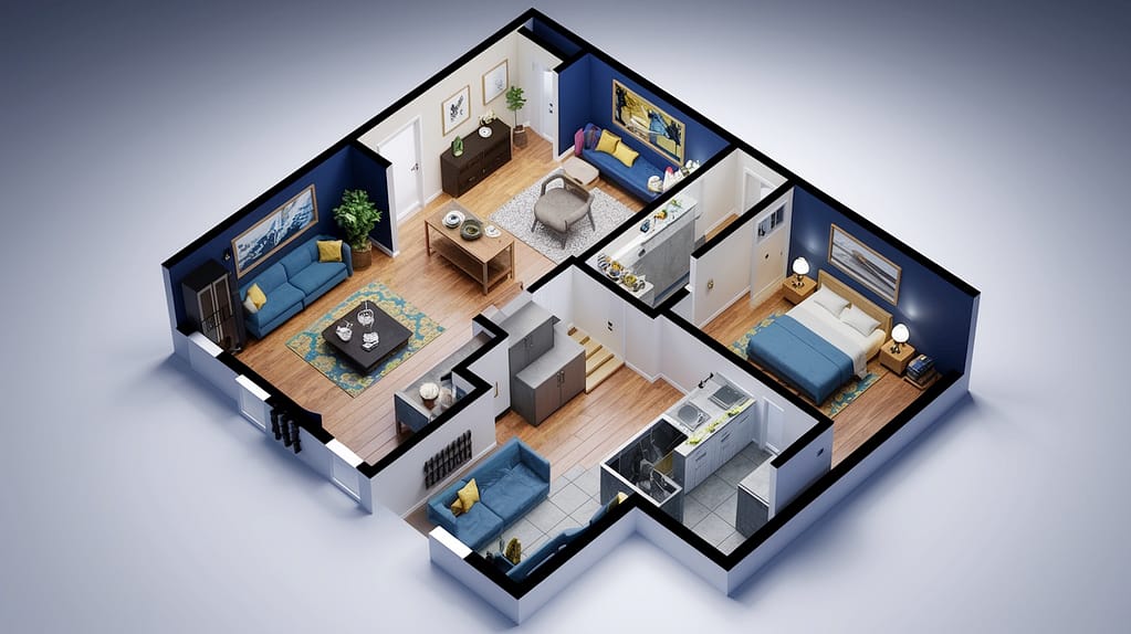 Visu24 - Realistic 3D floor plan with furniture and detailed textures, showing the apartment layout from above