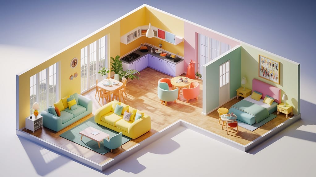 Visu24 värikäs 3D pohjapiirros huonekaluilla ja huone-etiketillä, moderni asunnon visualisointi