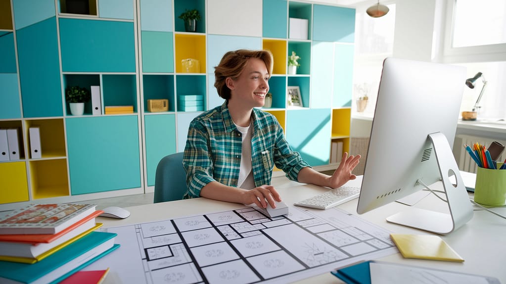 Visu24-person som designer plantegninger på datamaskin, finsk boligdesign - plantegningsprogram