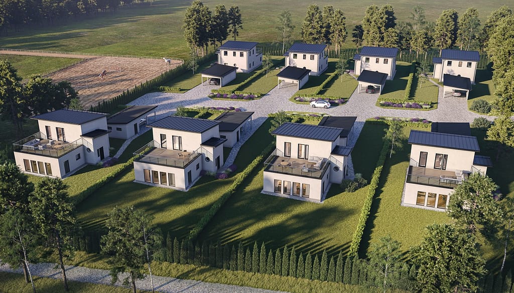 3D-visualisering av en mysig innergård där villorna och den omgivande naturen smälter samman harmoniskt – designad med hjälp av Visu24."
