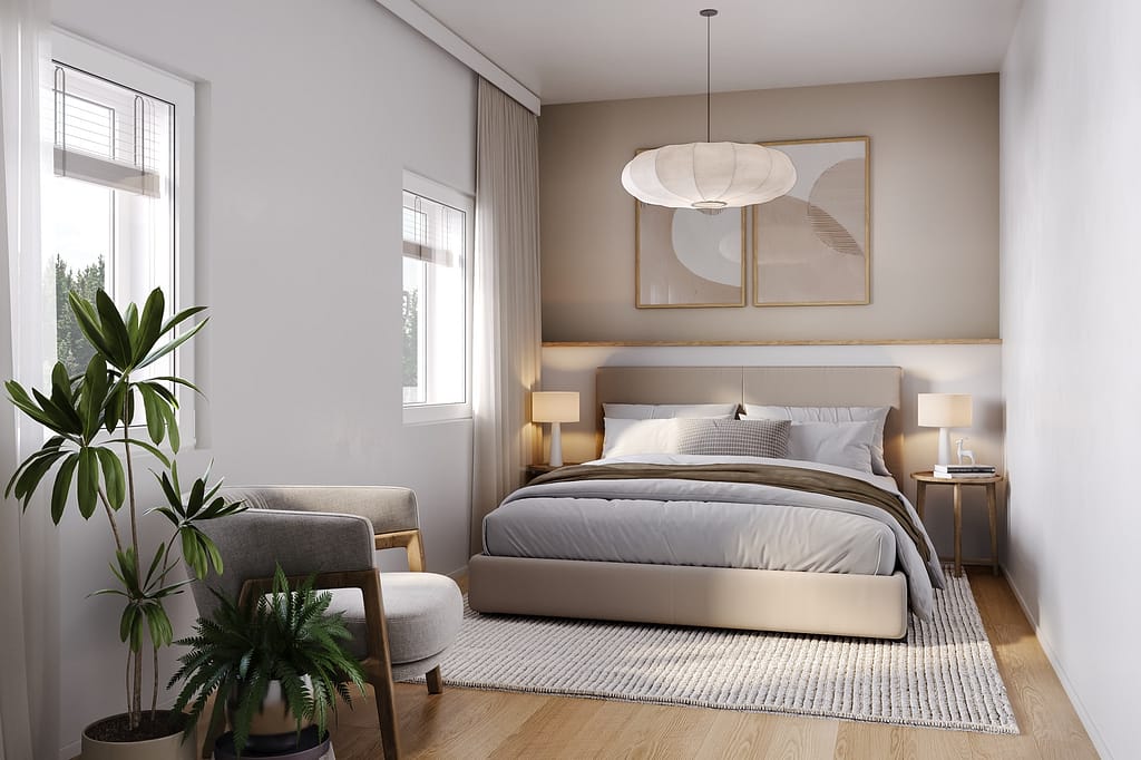 Visu24s 3D-visualisering visar sovrummets lugna skandinaviska interiör och ljusa färgskala.