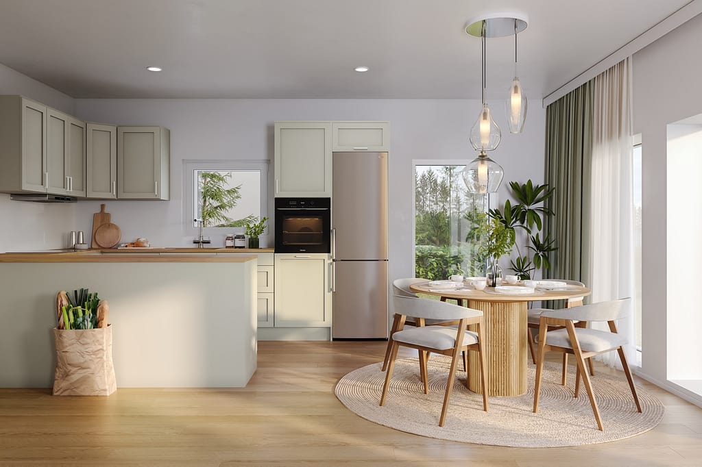 Visu24s 3D-visualisering presenterar den rymliga och ljusa skandinaviska interiören i vardagsrummet.