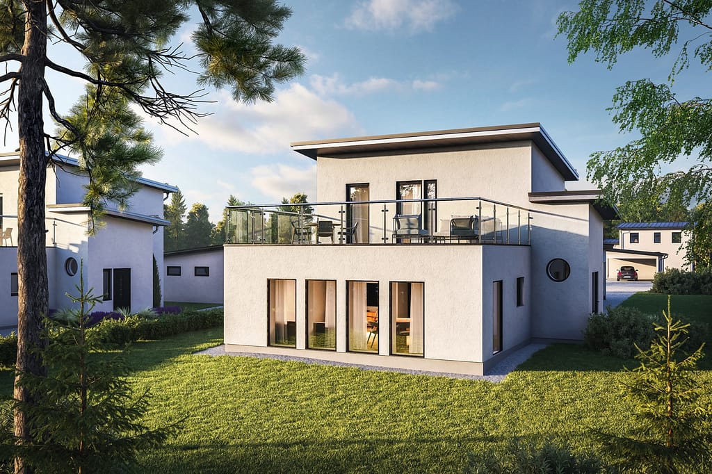 Visu24s 3D-visualisering illustrerar den gröna gården och sittområdet på villans bakgård.