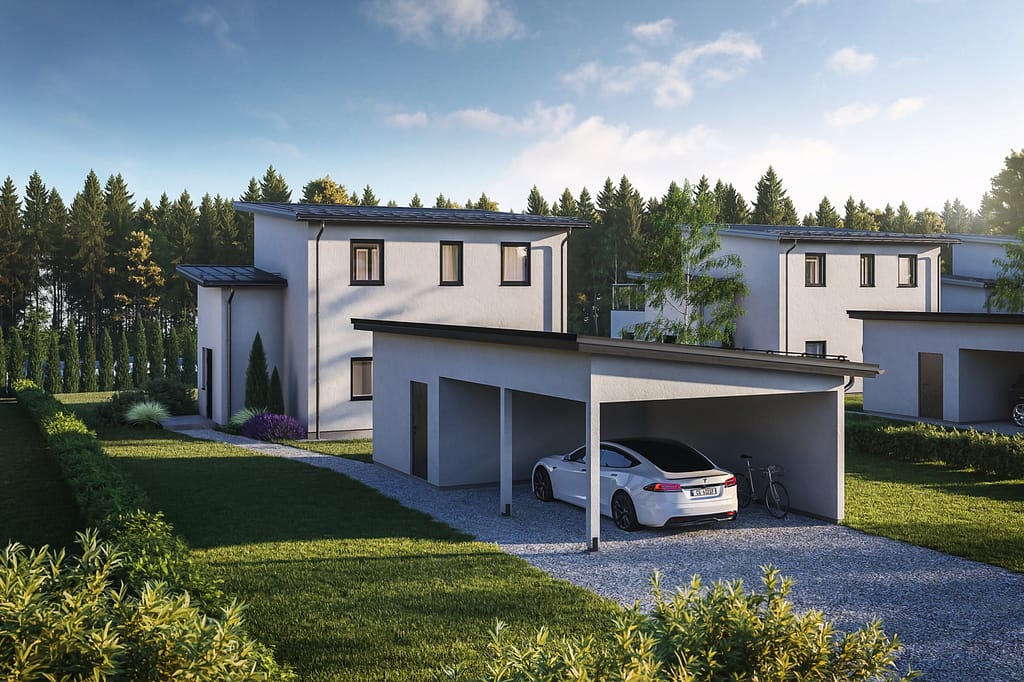 En vacker utsikt över villaprojektet, en 3D-visualisering av modern arkitektur och landskap noggrant modellerat av Visu24.