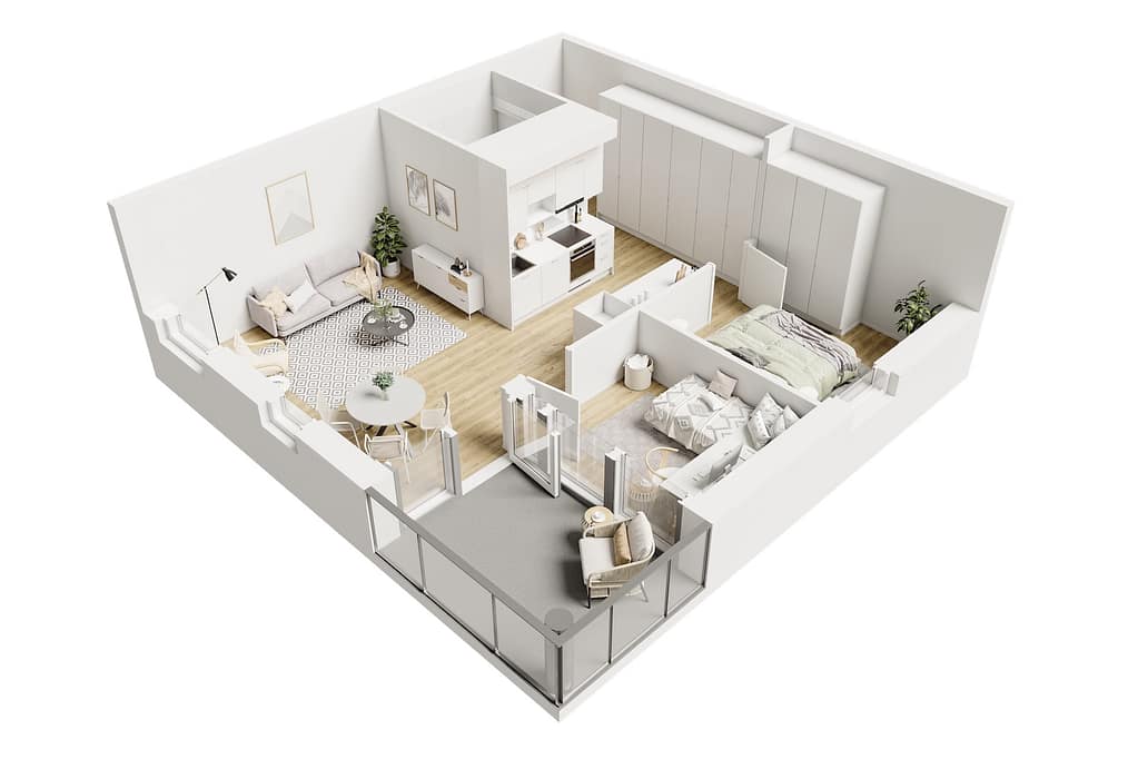 Visu24 - Realistic 3D floor plan with furniture and detailed textures, showing the apartment layout from above