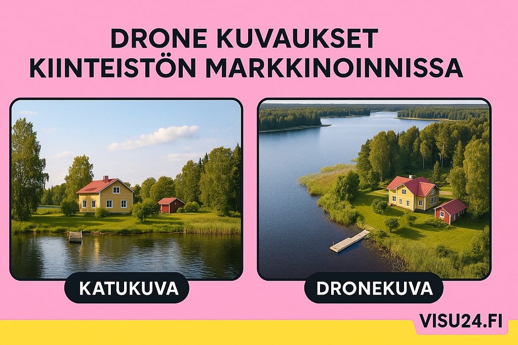 Flygfoto över en fastighet för marknadsföringsändamål – drönarfotografering och visualisering av vyer i Visu24-tjänsten - Visu24.fi