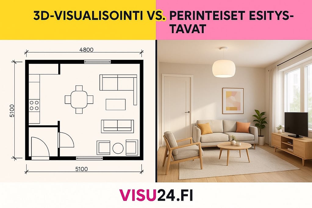 Vertailu perinteisen pohjapiirustuksen ja saman tilan 3D-visualisoinnin välillä - visu24.fi