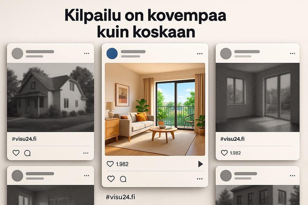 Sosiaalisen median syöte, jossa 3D-visualisointi erottuu muusta sisällöstä - Visu24.fi