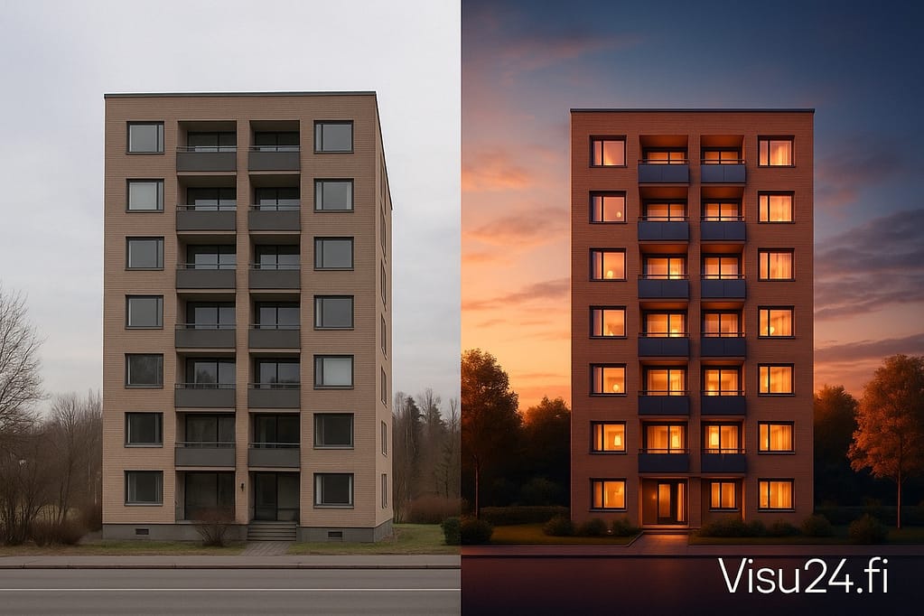 Kaksi samanlaista kerrostaloa vierekkäin, toinen esitetty tavallisella piirustuksella, toinen näyttävällä 3D-visualisoinnilla - Visu24.fi