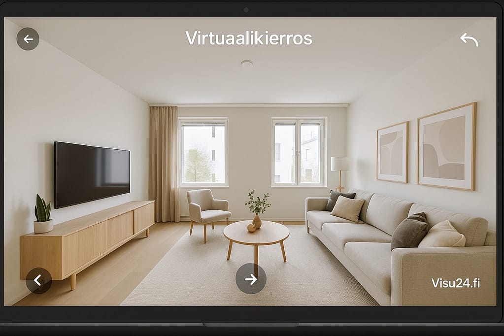 Asiakas personoimassa asunnon sisustusta tablettisovelluksella, joka näyttää muutokset reaaliajassa - Visu24.fi