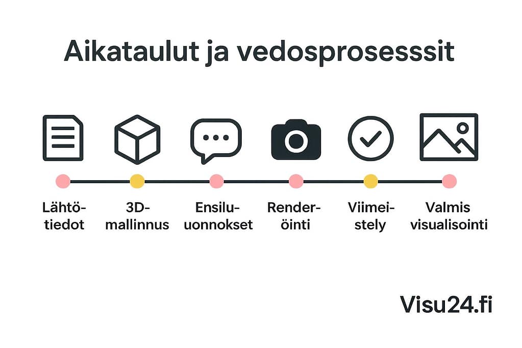 3D-mallinnuksen luomisprosessi, jossa näkyy suunnitelmapiirustuksista valokuvamaiseen lopputulokseen - visu24.fi