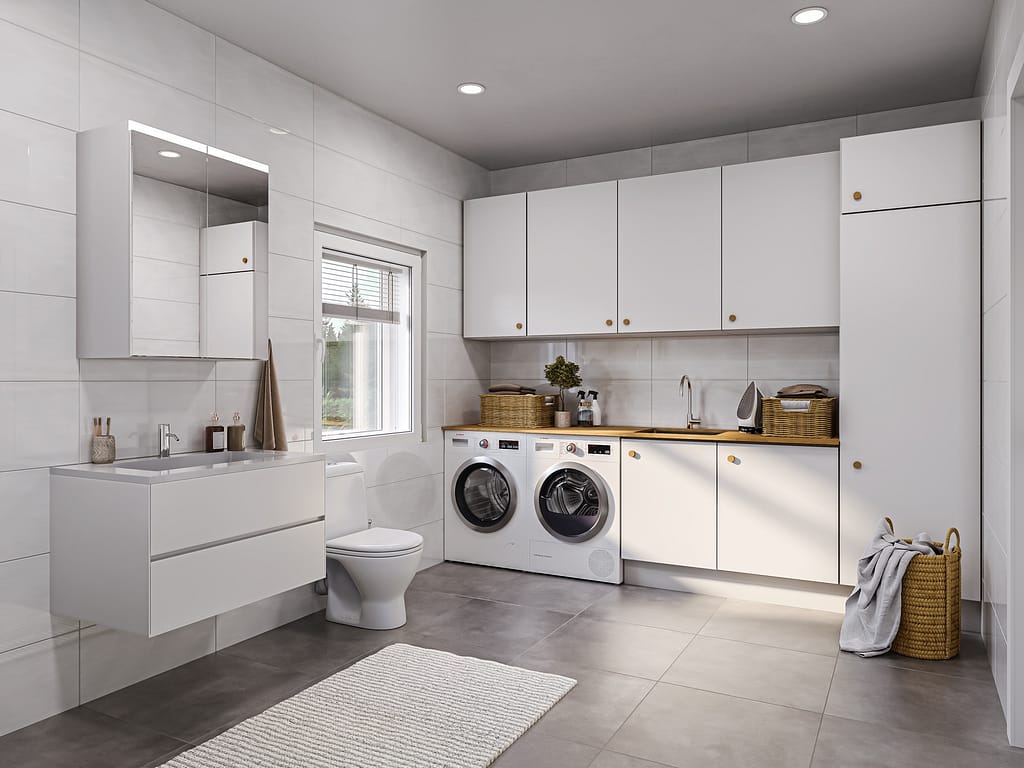 Ett modernt badrum med minimalistiska detaljer och naturlig skandinavisk stil – modellerad av Visu24.