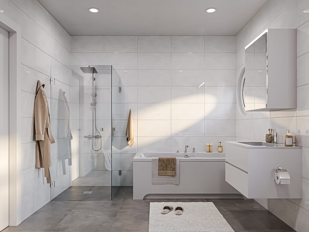 Visu24s 3D-visualisering presenterar den eleganta och ljusa skandinaviska designen av badrummet.