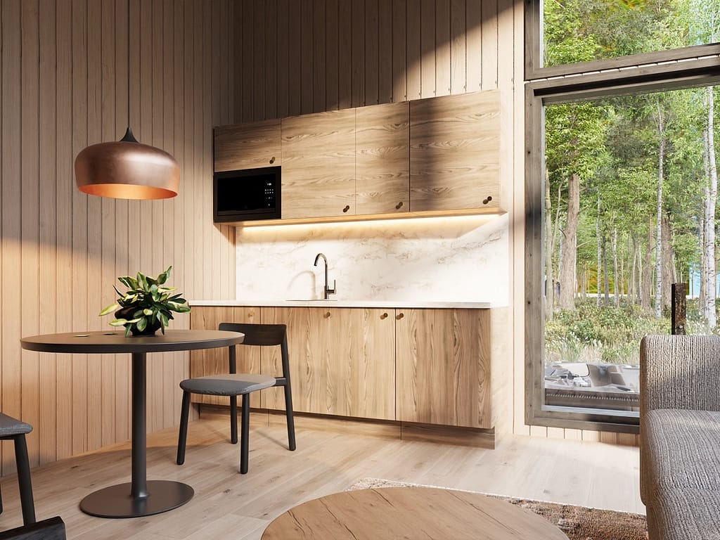 Visu24 mallinsi Pellon Miekojärven rannalle rakentuvien mökkien kuvia Miekojärven Helmi Oy:n lomakeskukselle.