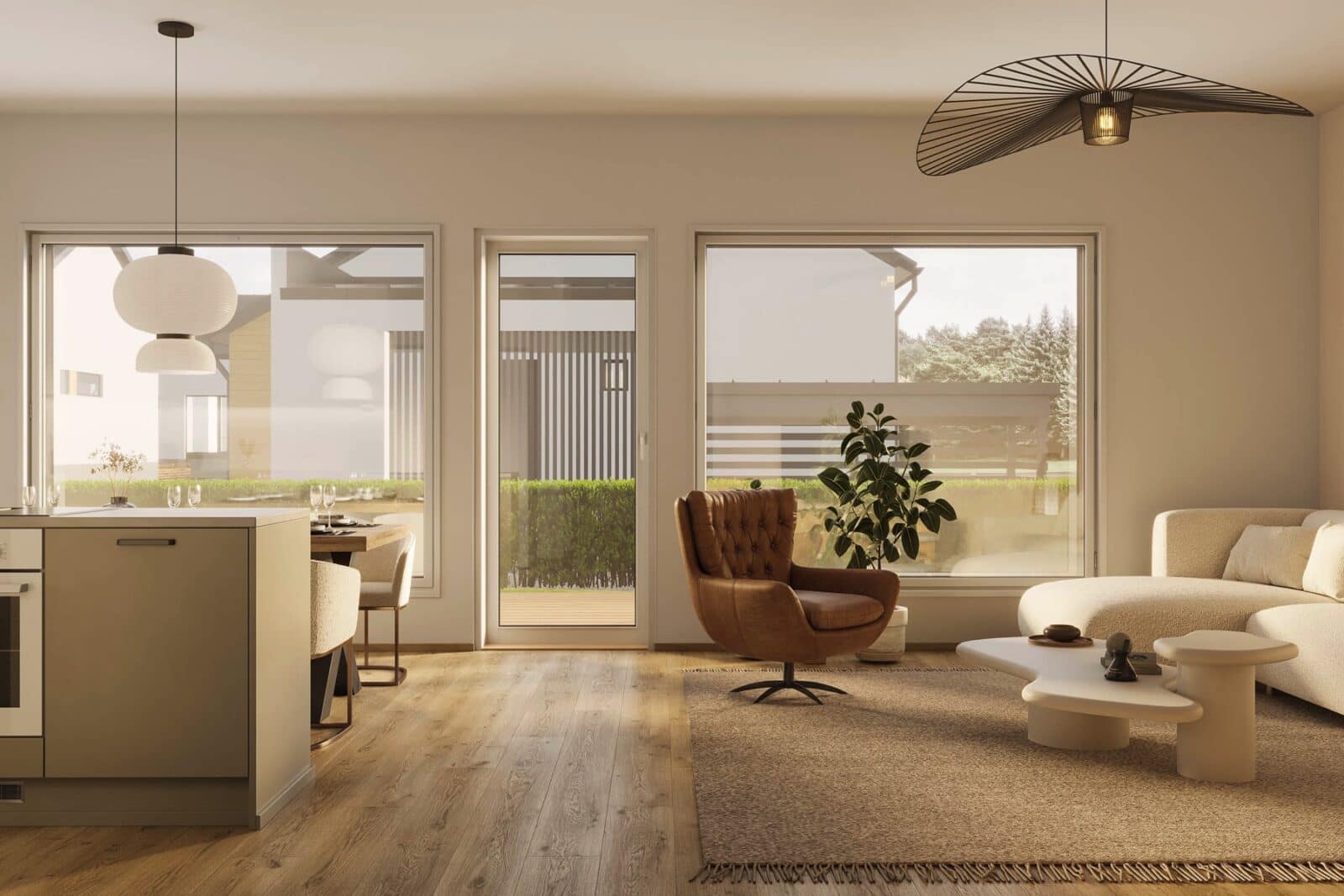 Observationsbild / 3D-visualisering från insidan av den nya utvecklingen i Laidunmaanraiti - vardagsrum mot fönstren