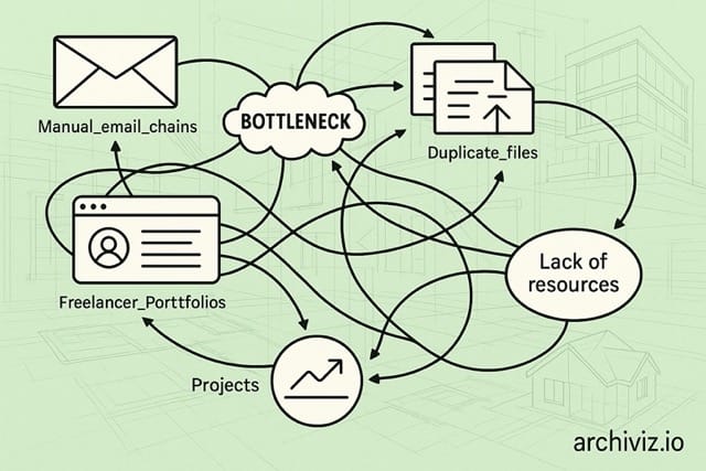Diagram przepływu pracy pokazujący wąskie gardła - Archiviz.io