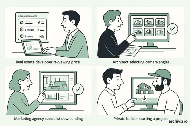 five typical user personas—real estate developer, architect, interior designer, agency marketer, and private builder—interacting with Archiviz.io platform dashboards