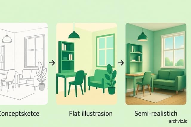 3D-illustrasjoner brukt av visualiseringsbyrå i Norge – hvor ulike illustrasjonsnivåer kommuniserer prosjektideer effektivt i henhold til Archiviz.io