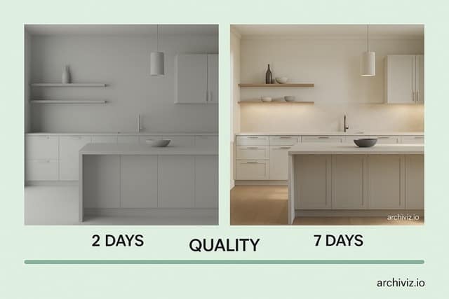 visualiseringsbyrå i Norge - forskjellen mellom rask levering og høy kvalitet i 3D-visualisering sammenlignet med Archiviz.io.