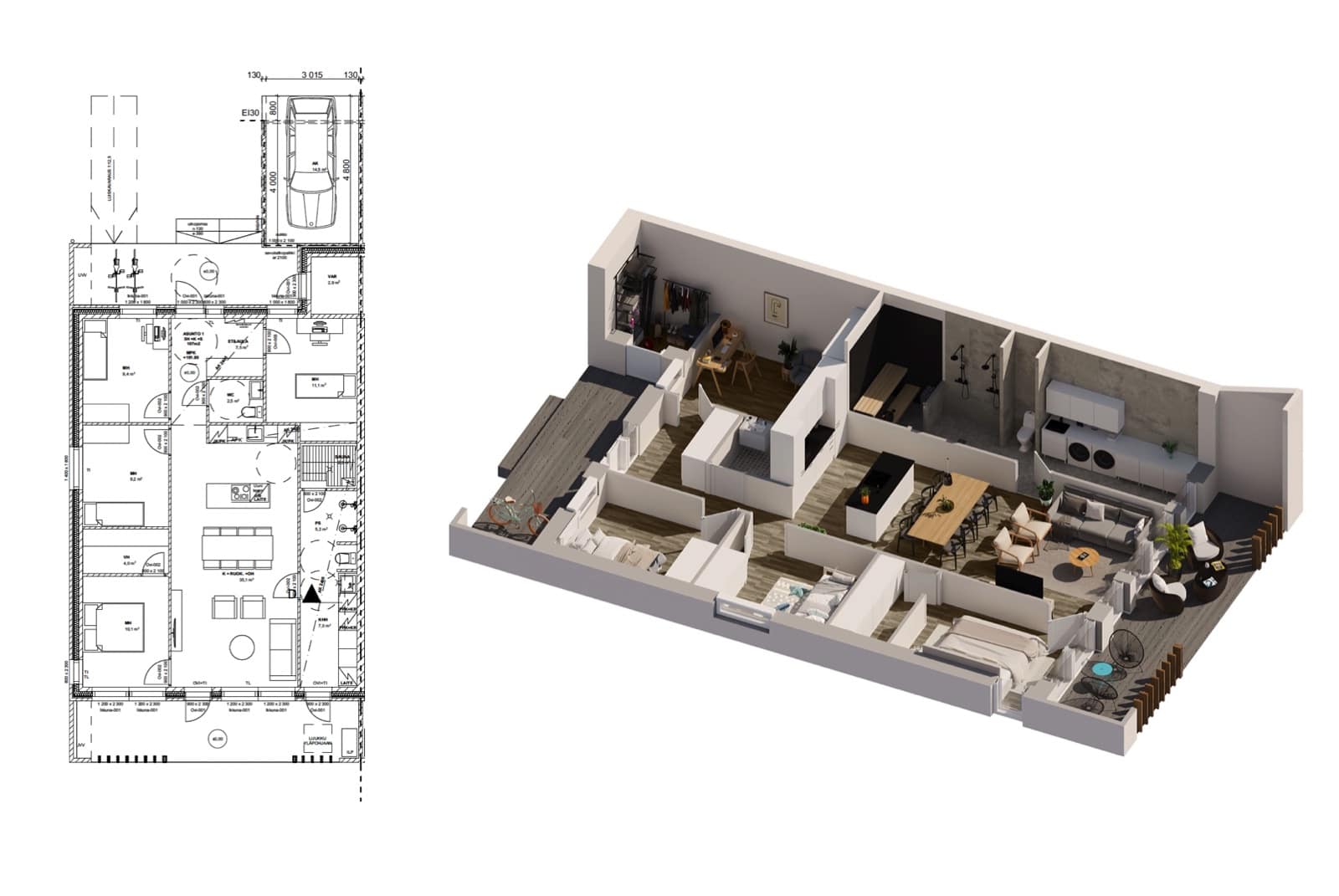 3D-pohjapiirros tarjoaa havainnollisen näkymän asunnon tilaratkaisuista ja kalustuksesta, mikä tehostaa markkinointia Oy Visu24 Ltd:n asiakkaille.